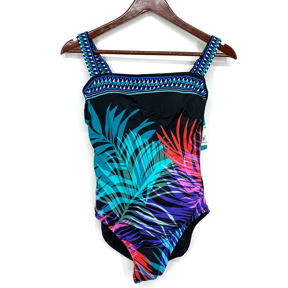 Aqua Green Retro Tropical Leaf One Piece Swimsuit W/ Adjustable Straps Nwt